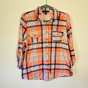 French Laundry women's roll tab sleeve Plaid Blouse Size LP large petite EUC